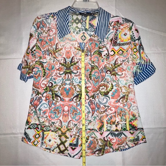 Tolani Collection Blouse Short Sleeve Button Down Paisley Blue White Stripe XXS - Picture 13 of 14